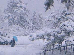 Kenrokuen snow man with umbrella